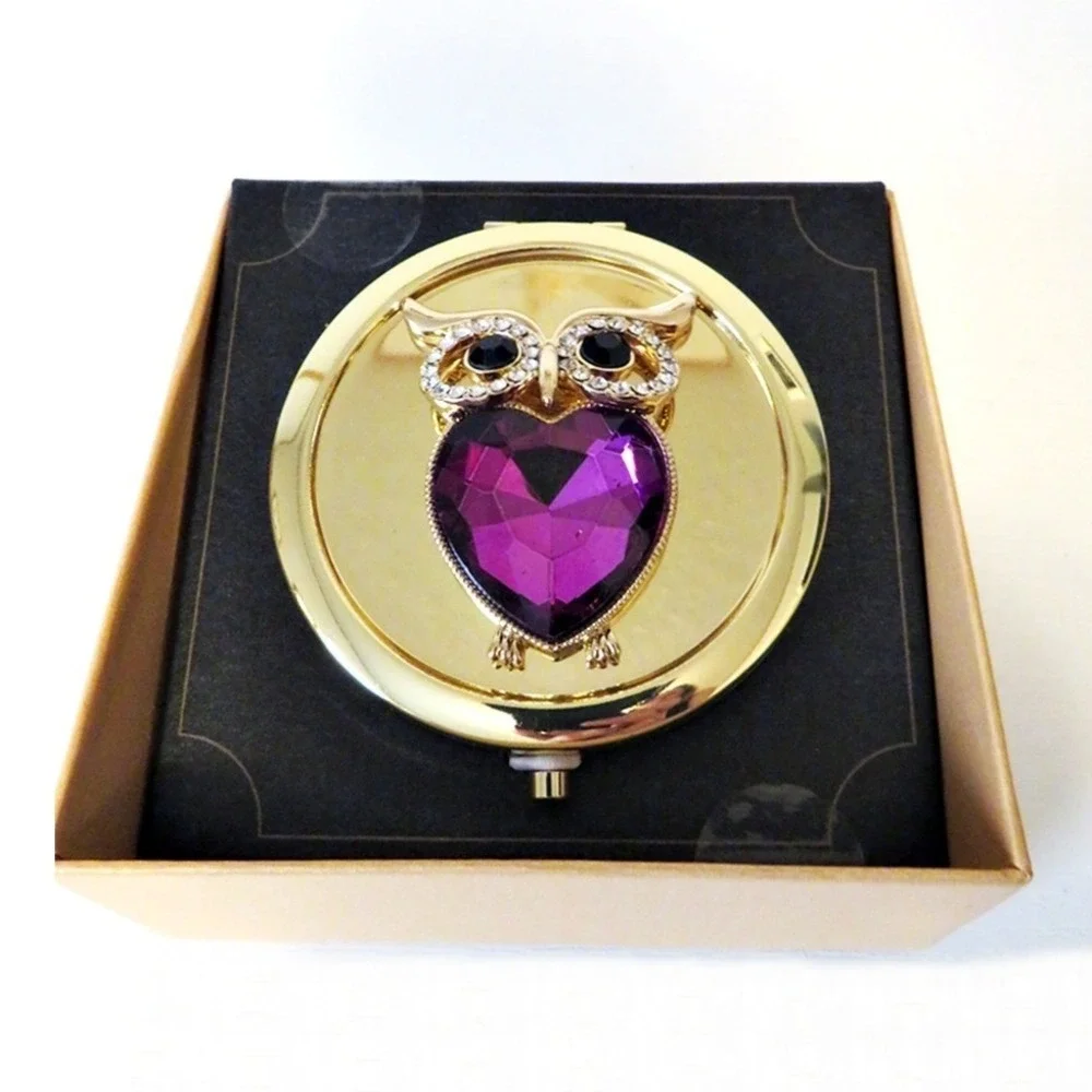 Beautiful Monet Gold Tone‎ Owl Compact Double Mirror NWT Jeweled Owl
